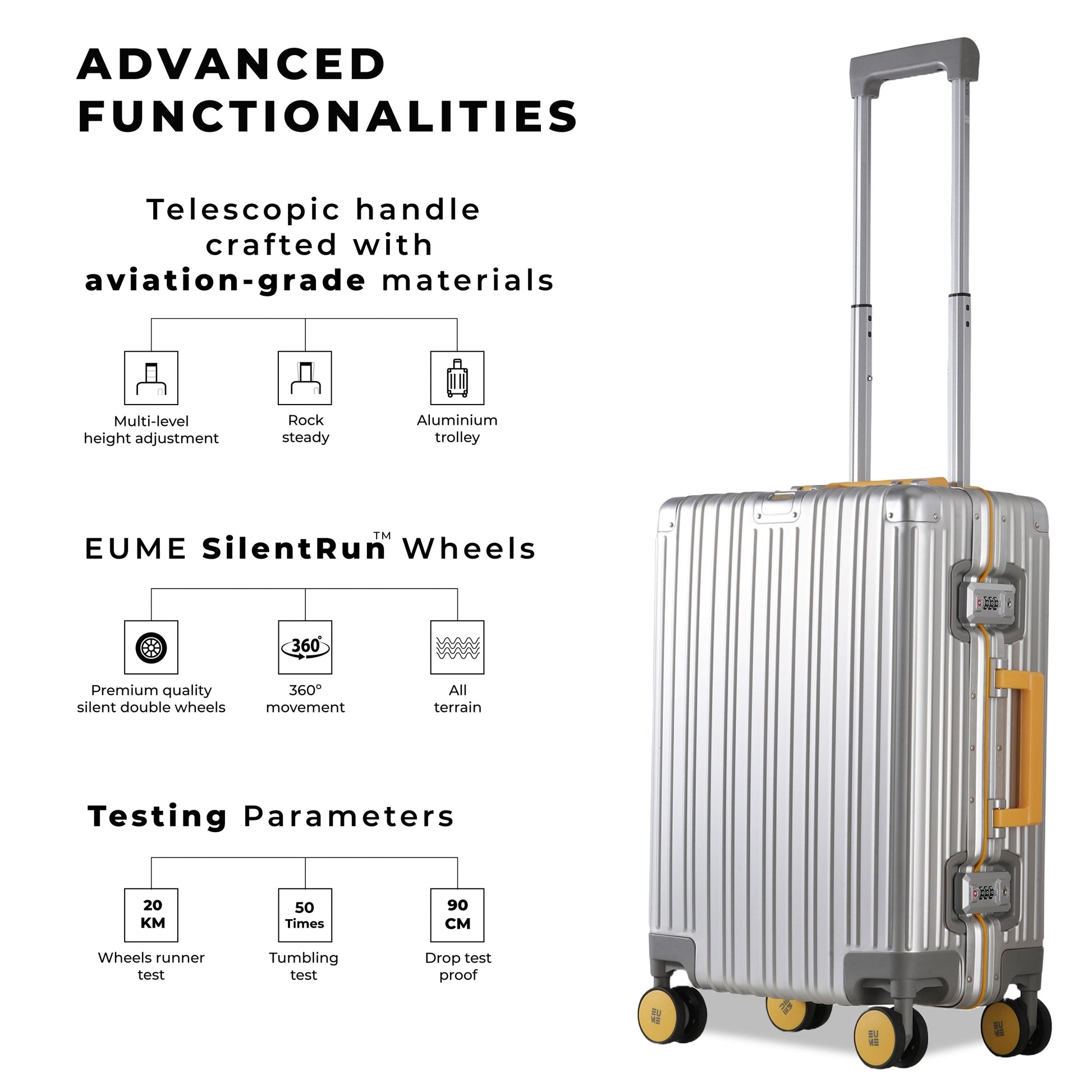 Aluminium cabin suitcase with advanced functionalities and silent wheels.