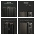 Aluminium Black Cabin suitcase features, telescopic handle and metal corners.
