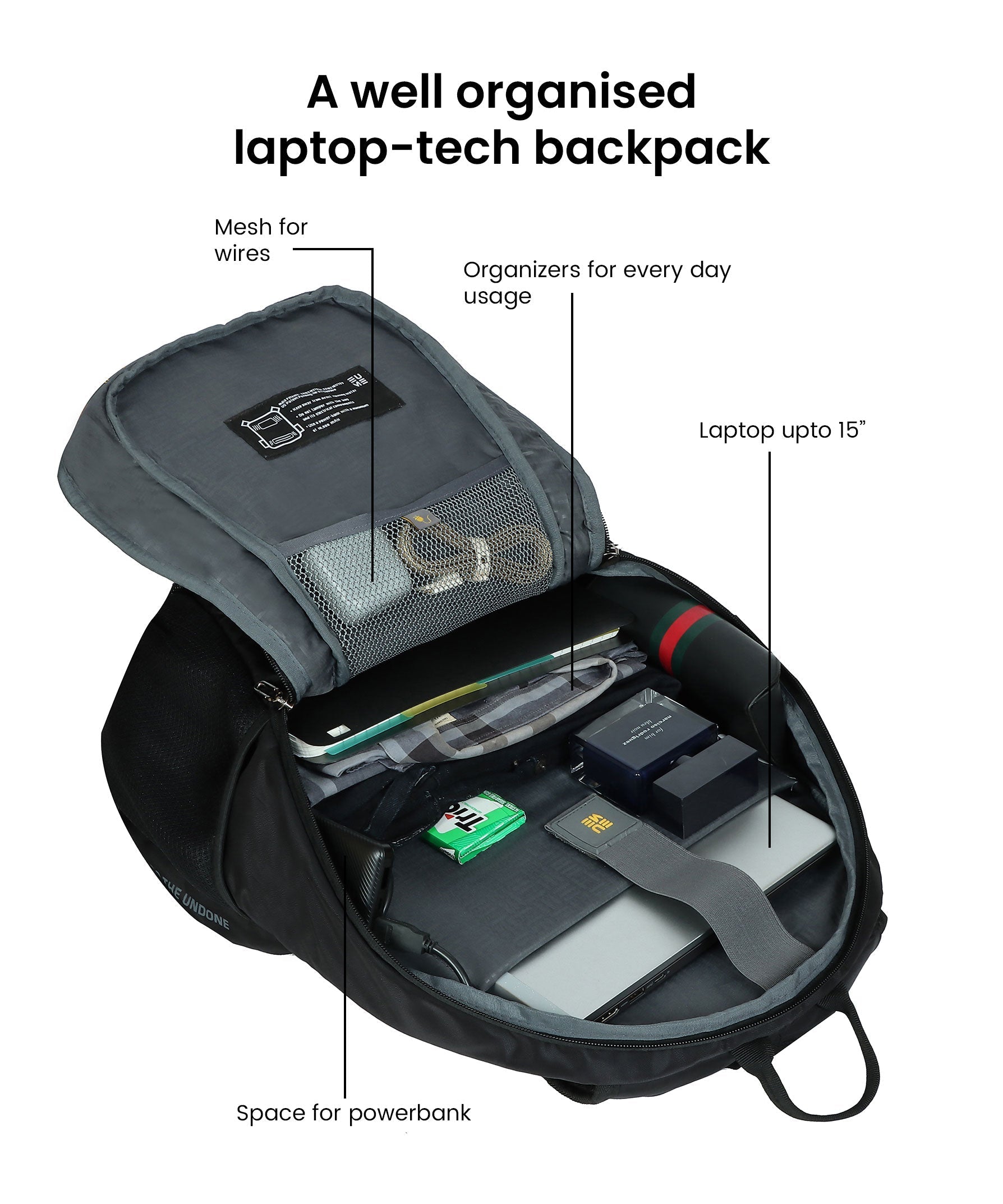 Propine 22L Massager Backpack with organized space for tech and accessories.