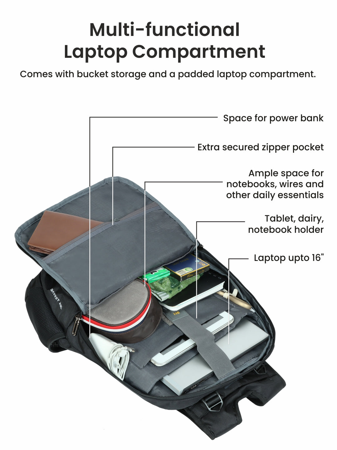 Barret 29L Massager Backpack with multi-functional laptop compartment and organized storage.