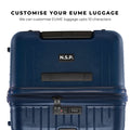 Customizable EUME luggage in navy blue with personal engraving option.