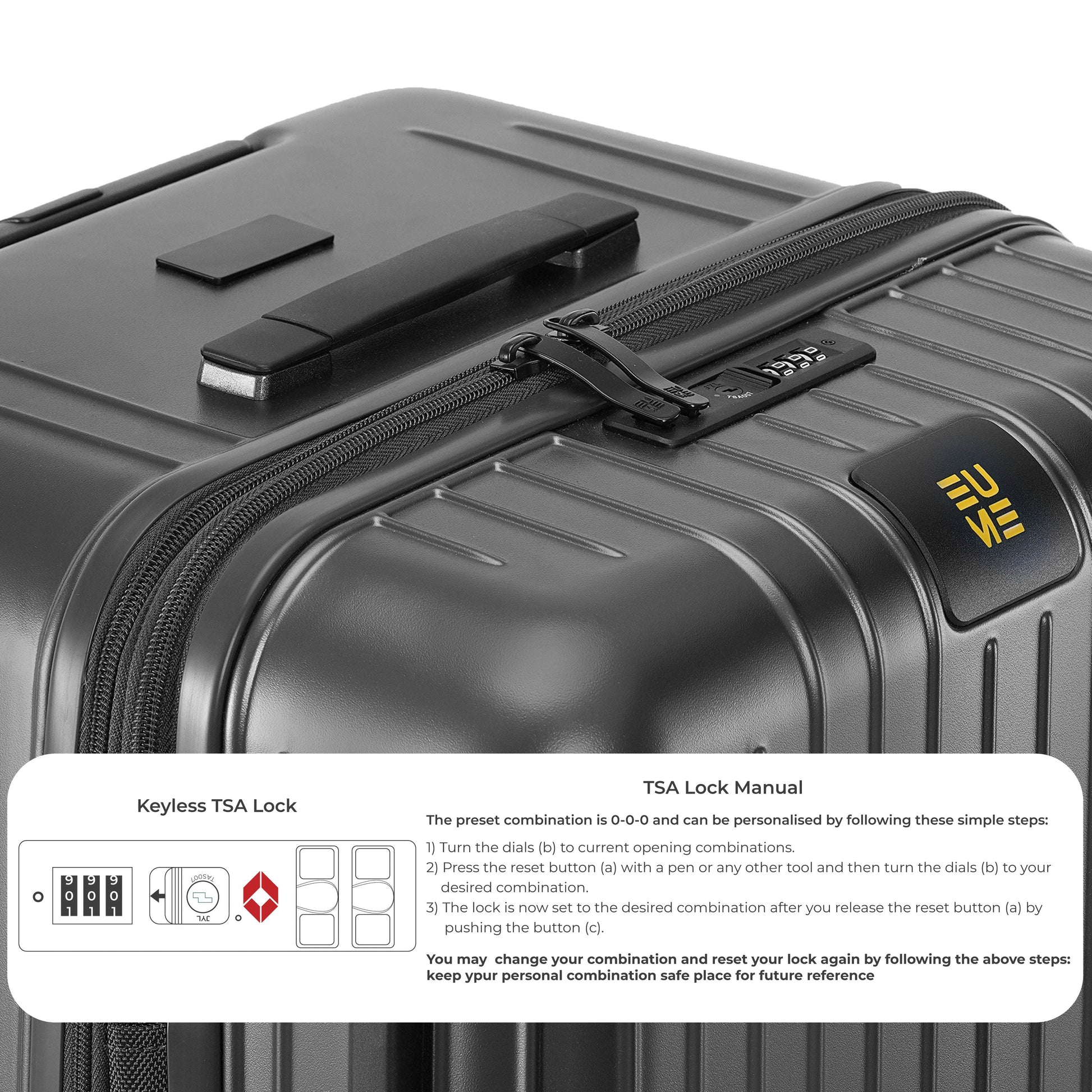 "Trunk Check-In Plus suitcase with keyless TSA lock and instructions."