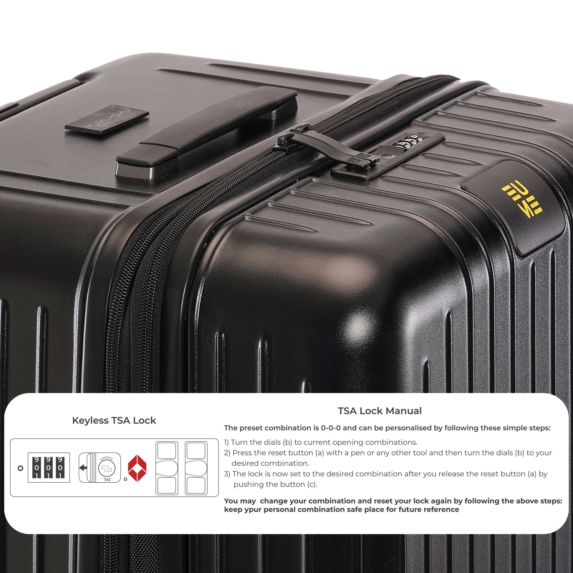 "Trunk Check-In Plus suitcase with keyless TSA lock and detailed manual"