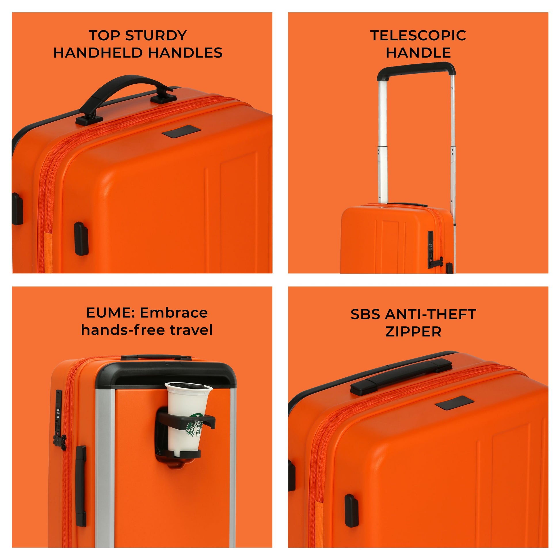 "Charter Cabin orange suitcase with telescopic handle and anti-theft zipper."