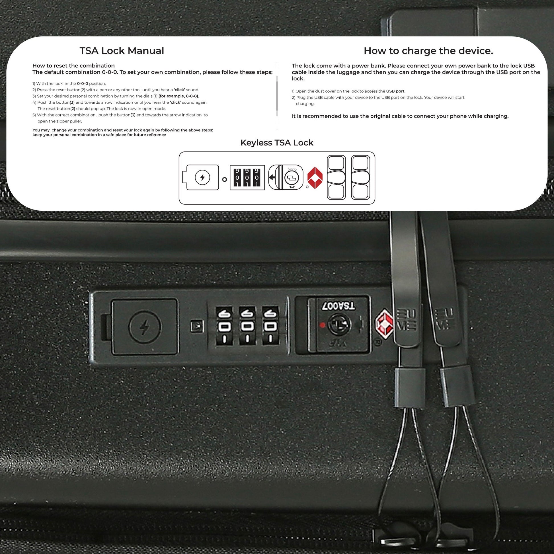 Keyless TSA lock manual and charging instructions for Cabin Pro luggage.